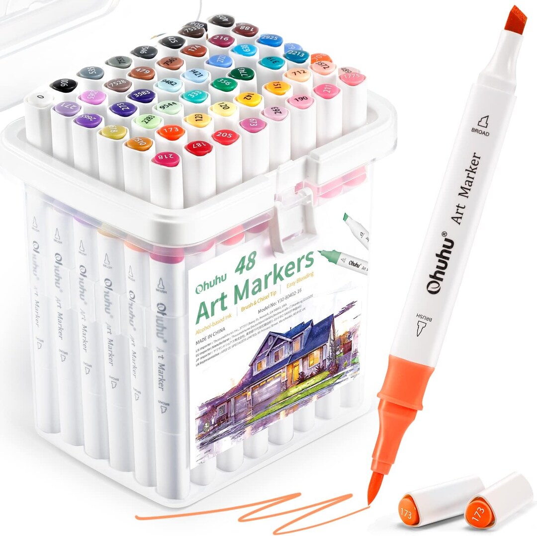 Ohuhu Brush Markers Alcohol Based: Double Tipped Art Sketch Drawing Marker Set for Kids Artists Adults Coloring Landscape Architectural Design - Brush Chisel Dual Tip - 48-color w/Marker Storage Case